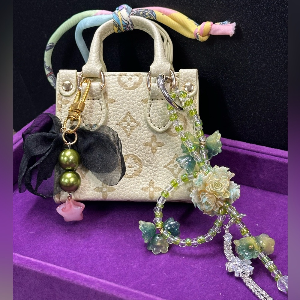 Mini wasabi Monogram Purse Charm Set | Beaded Strap + Floral Charm | Exact Set